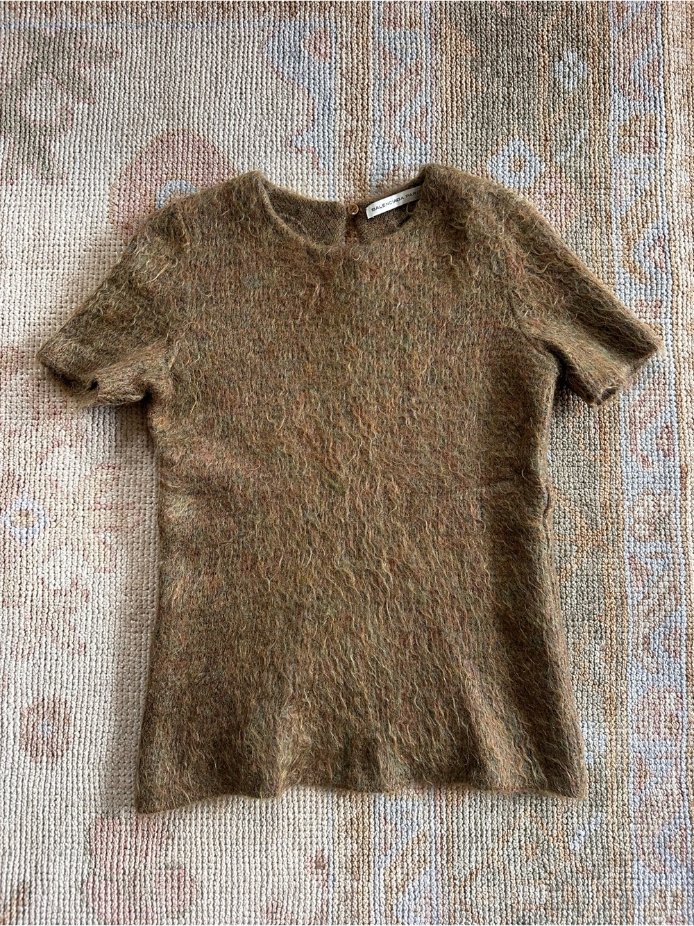 Balenciaga Olive-Brown Fuzzy Mohair Short-Sleeve Top,Vintage,Size IT36- US XS